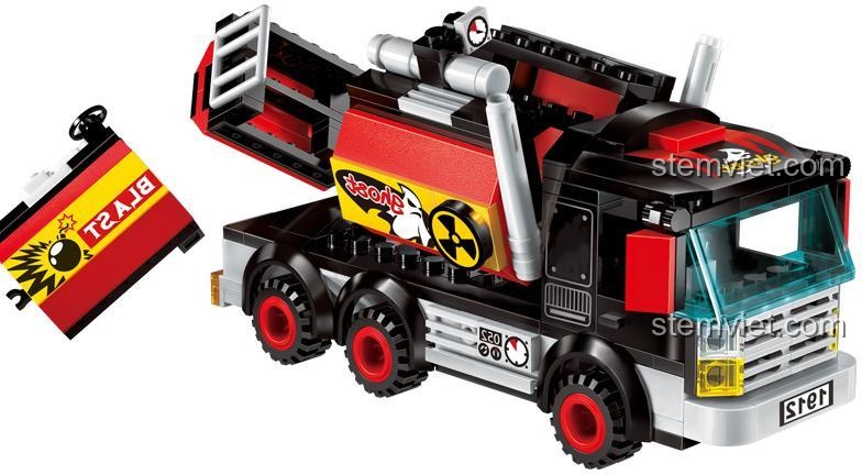 Bộ xếp hình Xe tải tự hủy Keeppley 1912 thể hiện cơ chế khoang sau mở ra, chi tiết độc đáo, đồ chơi mô hình cho bé trai 6 tuổi.