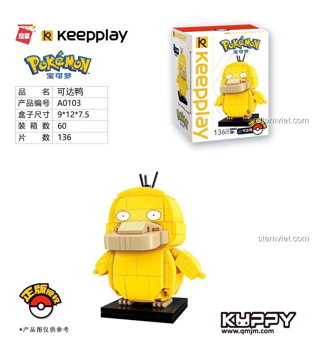 Thông tin sản phẩm và hộp của đồ chơi mô hình Psyduck Keeppley A0103, 136 mảnh, chính hãng Pokémon.