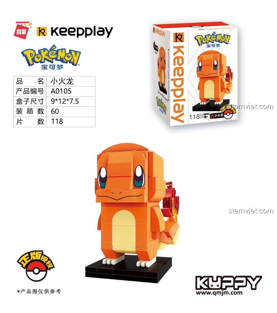 Ảnh hộp sản phẩm bộ lắp ghép Pokémon Charmander Keeppley A0105, hiển thị rõ thông tin số mảnh 118, kích thước hộp và hình ảnh sản phẩm hoàn thiện. Một lựa chọn giá tốt cho fan Pokémon.