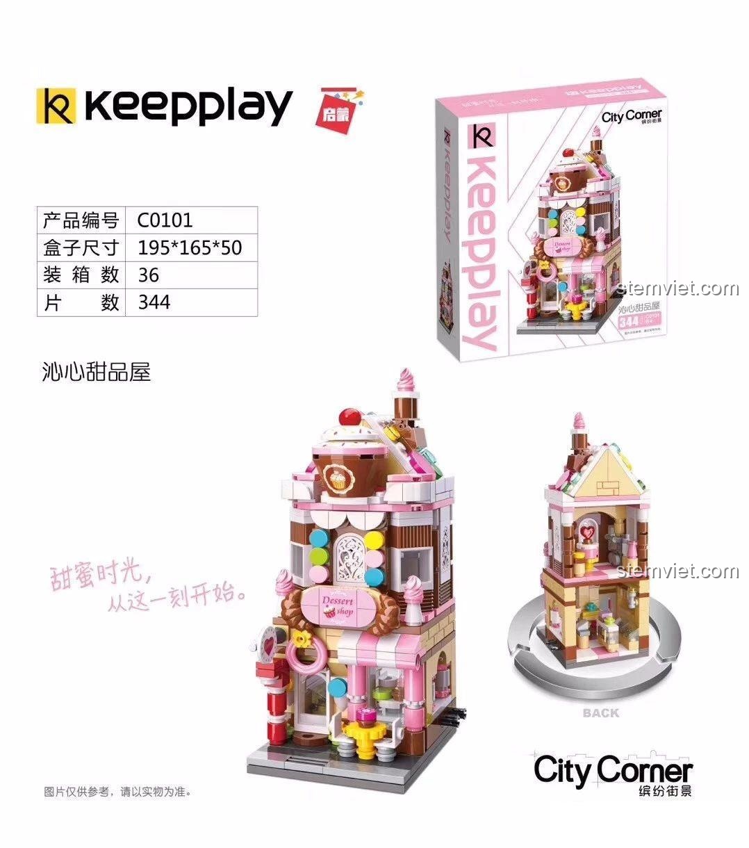 Hộp đồ chơi lắp ráp Cửa hàng bánh ngọt Keeppley C0101, thể hiện kích thước và thông tin sản phẩm, phù hợp bé gái 6 tuổi, chất lượng cao.
