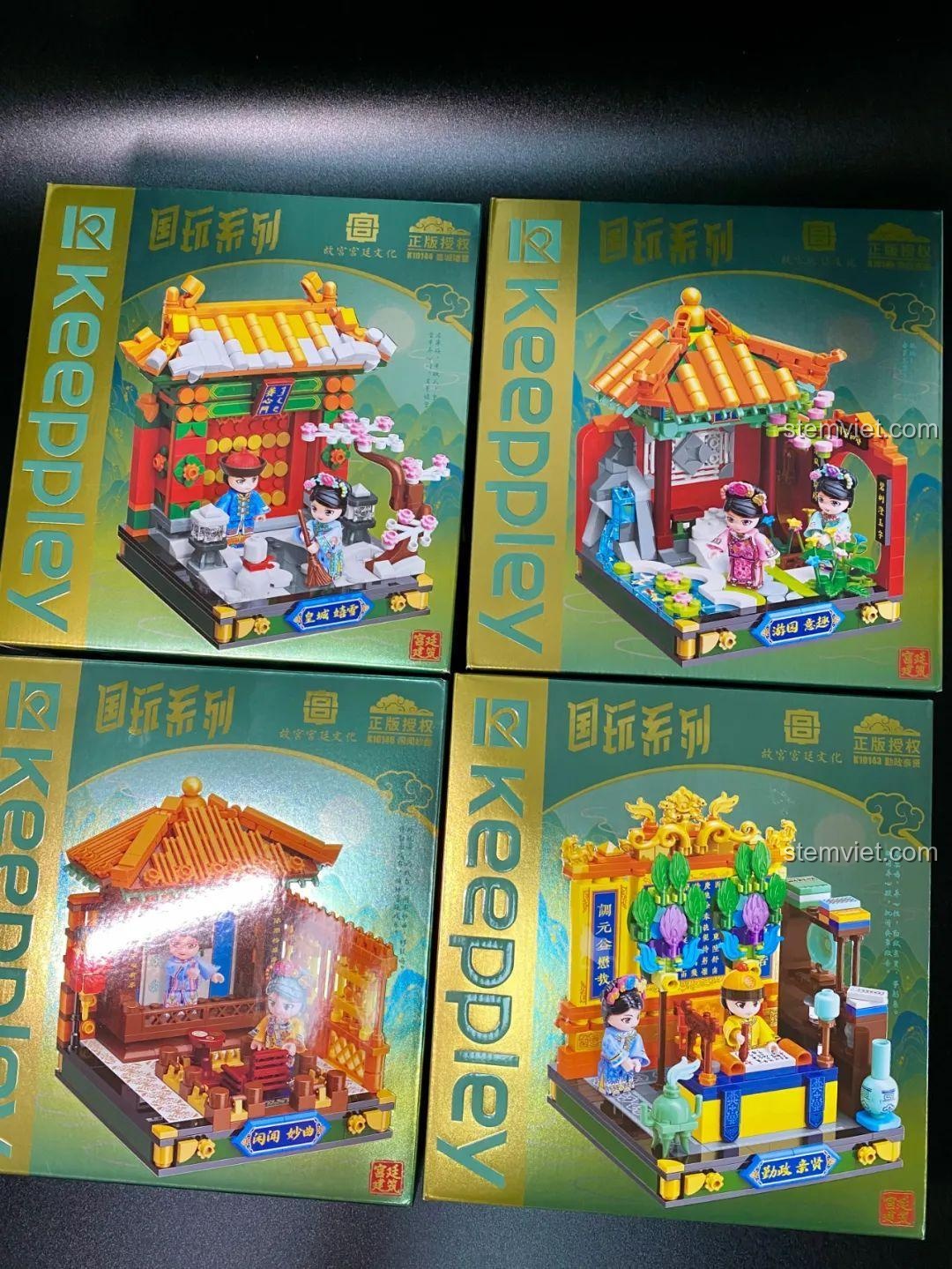 Bộ 4 hộp đồ chơi mô hình cung đình Keeppley, bao gồm K10145 Vườn Thượng Uyển, với thiết kế chi tiết, chất lượng cao, phù hợp cho bé gái 6 tuổi. Giá tiết kiệm.