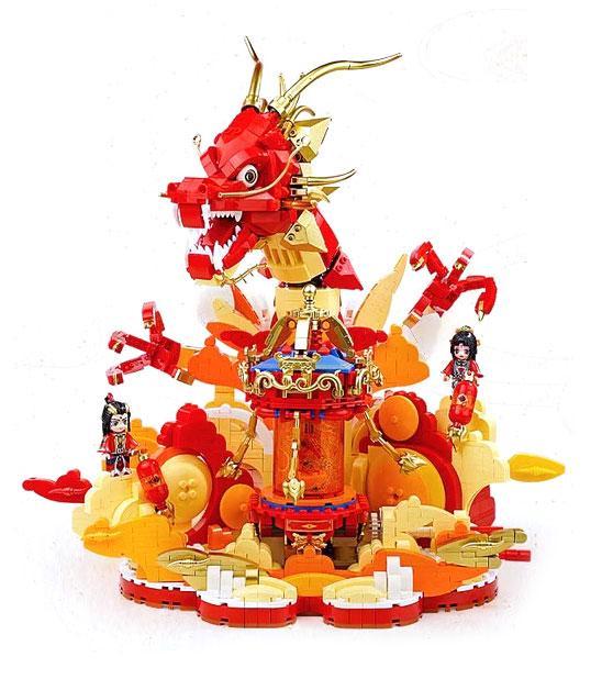 Hộp sản phẩm bộ lắp ghép Đèn lồng Rồng Vàng Keeppley 19907, món quà Tết độc đáo cho trẻ em.