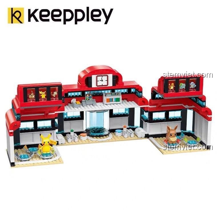 Mô hình Keeppley K20212 Pokémon Center sau khi lắp ráp, có thể mở ra, kèm Pikachu và Eevee.