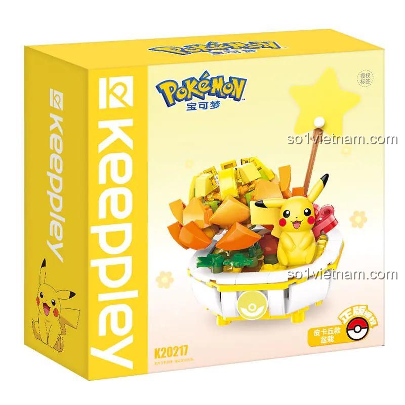 Hộp sản phẩm Keeppley K20217 Pokemon Pikachu Bonsai nhìn từ góc chéo