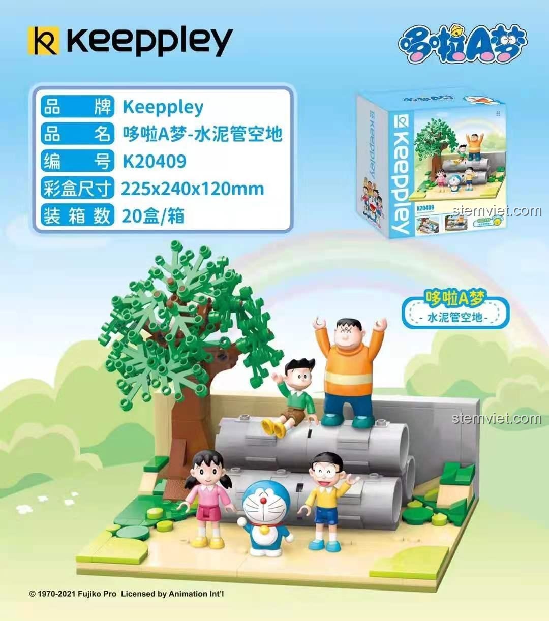 Hộp bộ lắp ghép Keeppley K20409 Sân chơi ống cống Doraemon, thể hiện kích thước và thông tin sản phẩm, phù hợp bé 6 tuổi.