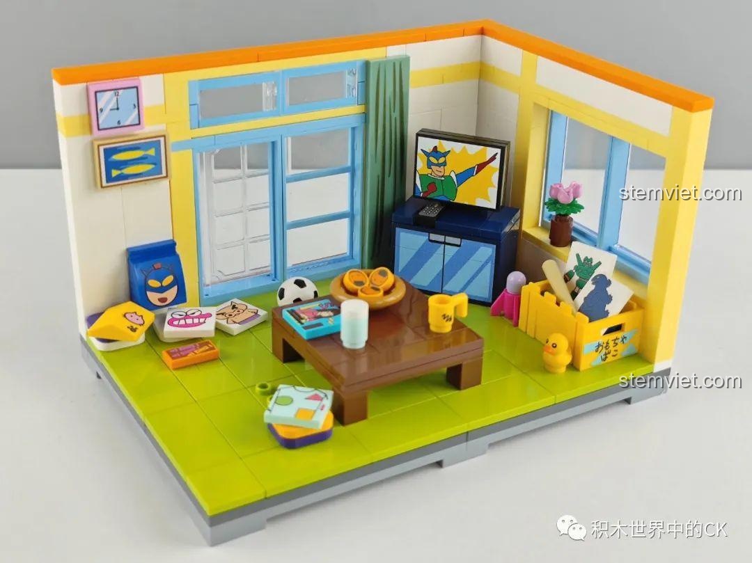 Trang hướng dẫn lắp ráp bộ xếp hình K20606 Phòng khách nhà Crayon Shin-chan Keeppley, chi tiết từng bước, cho bé 7 tuổi, dễ hiểu.