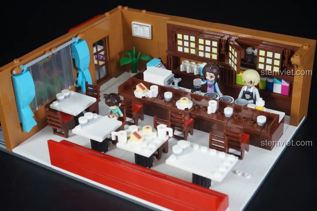 Mô hình quán cà phê Poirot hoàn chỉnh của bộ Keeppley K20710, đồ chơi xây dựng Văn phòng Thám tử Conan.