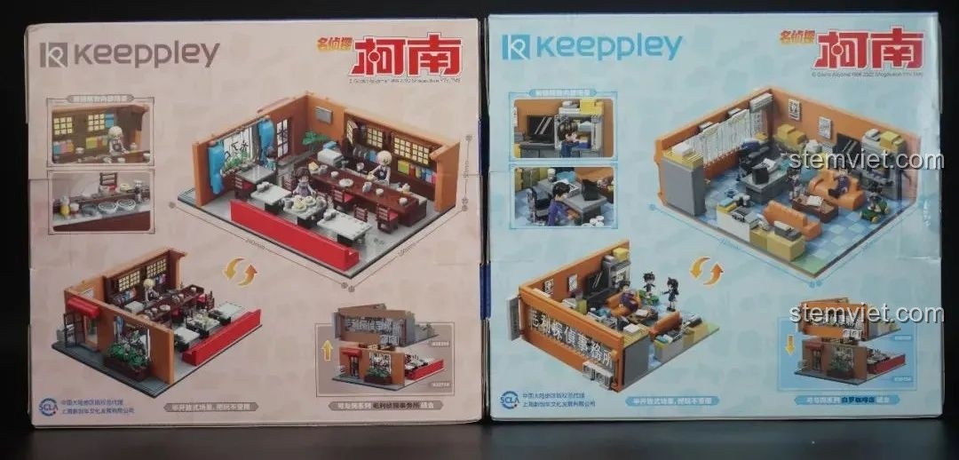 Mặt sau hộp Keeppley K20709 Văn phòng Thám tử Mori và quán cà phê Poirot, đồ chơi xếp hình Conan.