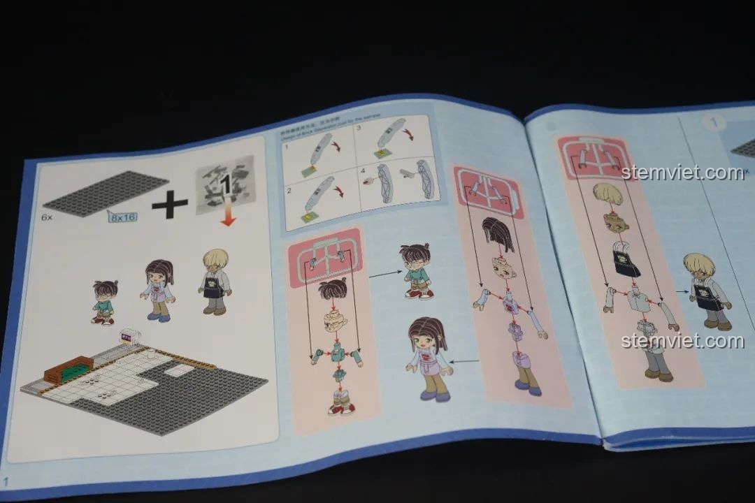 Trang hướng dẫn lắp ráp minifigures và nền móng của bộ Keeppley K20710, đồ chơi lắp ráp cho trẻ em 12 tuổi.