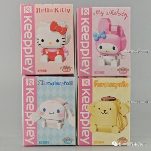 Bộ sưu tập 4 mẫu Sanrio của Keeppley, bao gồm bộ xếp hình Hello Kitty K20801, My Melody, Cinnamoroll và Pompompurin.