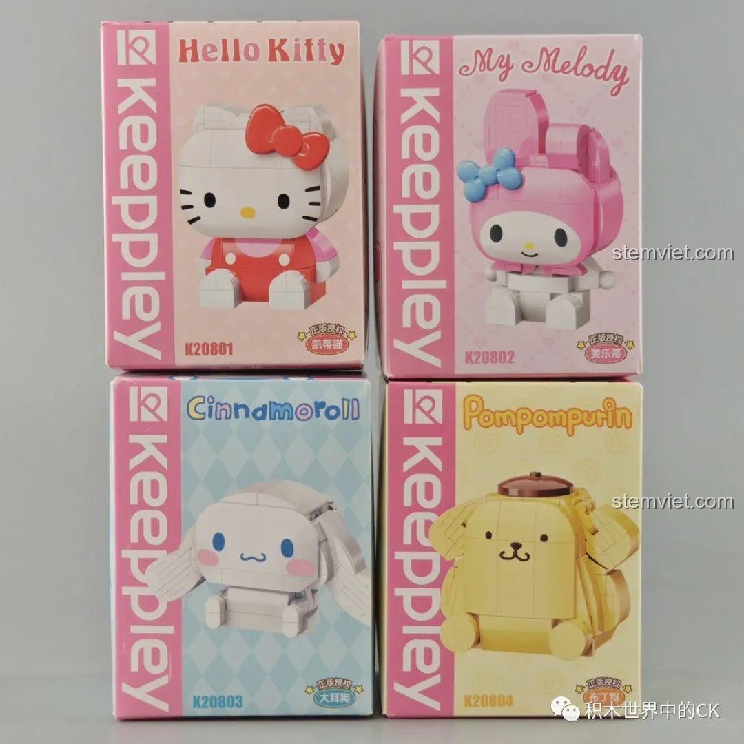 Bộ sưu tập 4 mẫu Sanrio của Keeppley, bao gồm bộ xếp hình Hello Kitty K20801, My Melody, Cinnamoroll và Pompompurin.