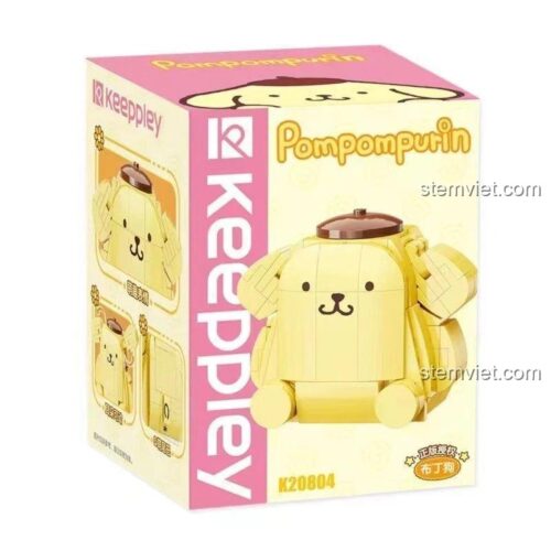 Hộp sản phẩm bộ lắp ghép Chú chó Pompom Purin Keeppley K20804, thể hiện hình ảnh sản phẩm và logo Sanrio chính hãng.
