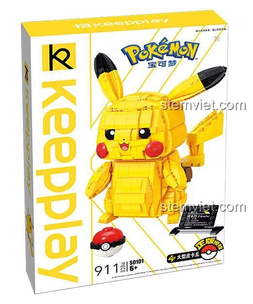 Hộp sản phẩm Keeppley S0101, mặt trước hiển thị mô hình Pikachu lớn màu vàng, quả cầu Pokeball, và thông tin "Pokemon"