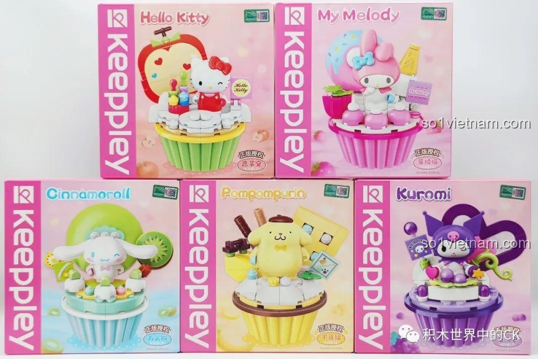 Toàn cảnh các mẫu Sanrio Sweet Cupcake Series của Keeppley, bao gồm Hello Kitty, My Melody, Cinnamoroll, Pompompurin và Kuromi.