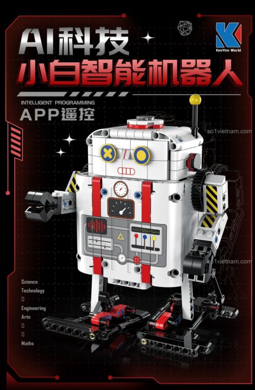 Poster quảng cáo của robot lắp ráp KeeYee World, nhấn mạnh tính năng AI và điều khiển qua app. Một món quà tuyệt vời cho bé trai thích Robot lập trình được KeeYee World.