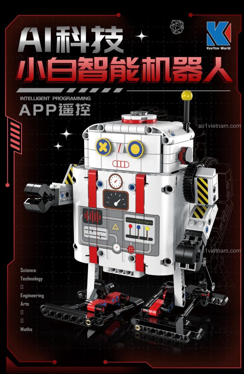 Poster quảng cáo của robot lắp ráp KeeYee World, nhấn mạnh tính năng AI và điều khiển qua app. Một món quà tuyệt vời cho bé trai thích Robot lập trình được KeeYee World.