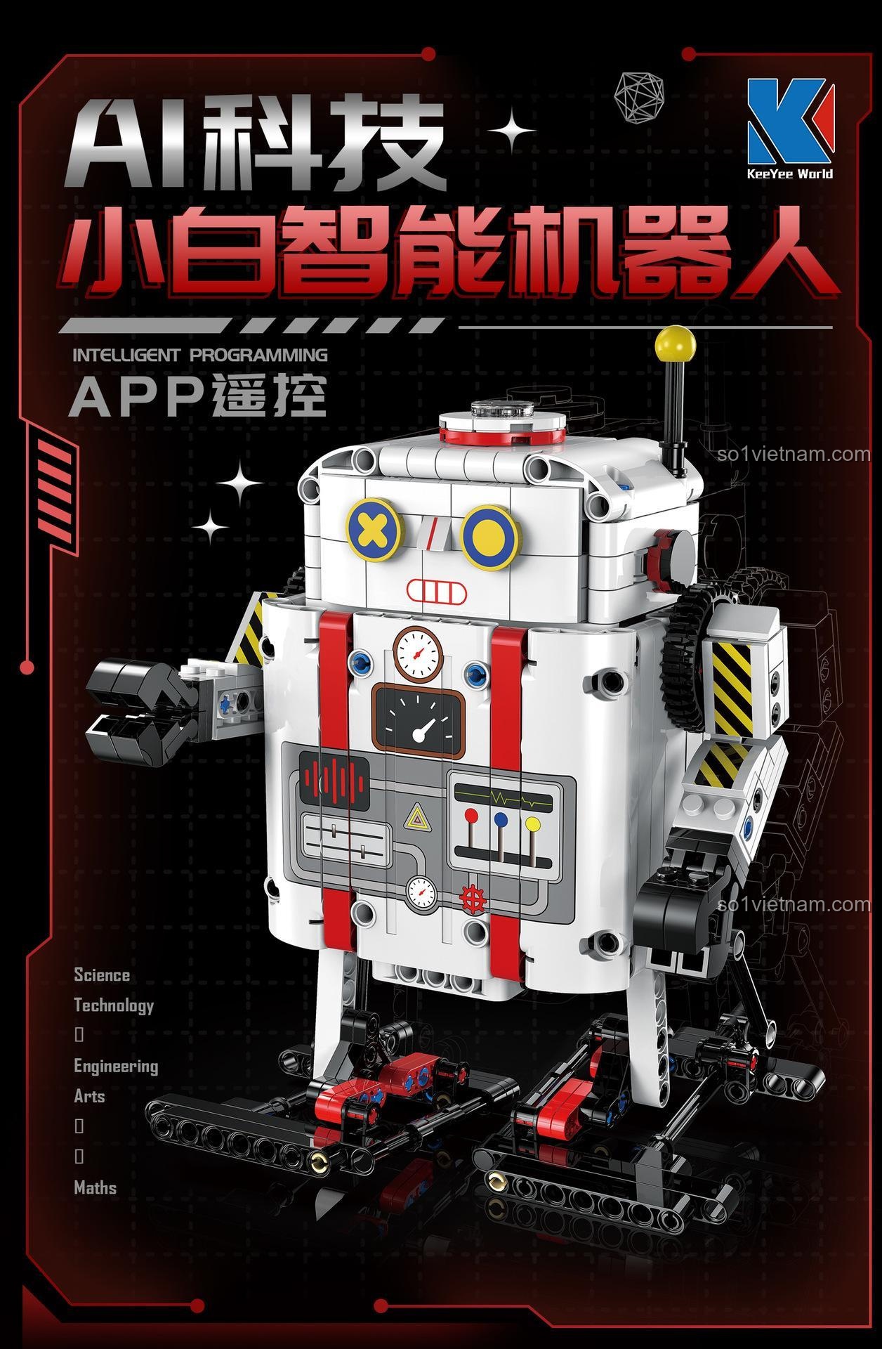 Poster quảng cáo của robot lắp ráp KeeYee World, nhấn mạnh tính năng AI và điều khiển qua app. Một món quà tuyệt vời cho bé trai thích Robot lập trình được KeeYee World.