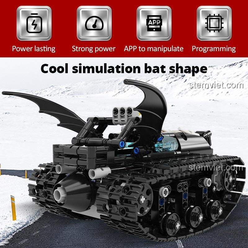 Các tính năng nổi bật của bộ lắp ráp Xe Tăng Batman Lập Trình Được: pin bền, động cơ mạnh, điều khiển qua app, lập trình được.