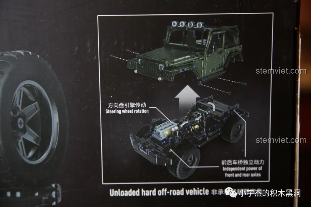 Cấu trúc khung gầm rời của bộ lắp ráp Xe off-road Wrangler được thể hiện chi tiết trên hộp.