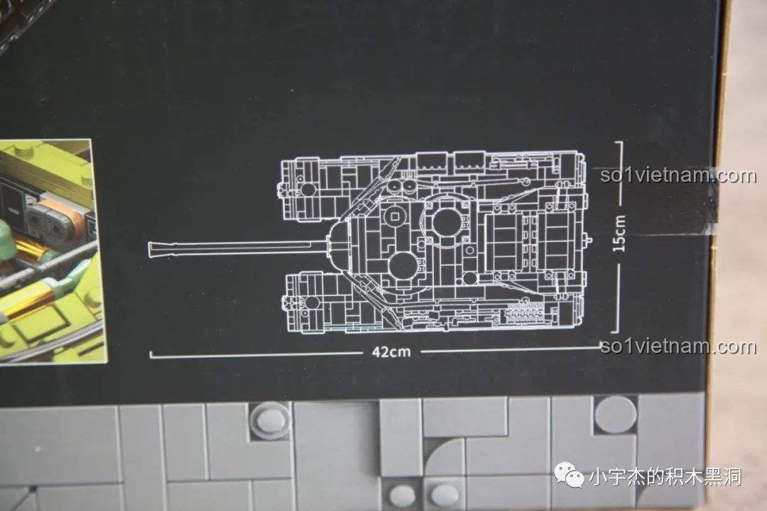 Sơ đồ kích thước mô hình xe tăng T28 Panlos Brick 628010 sau khi hoàn thành, dài 42cm.
