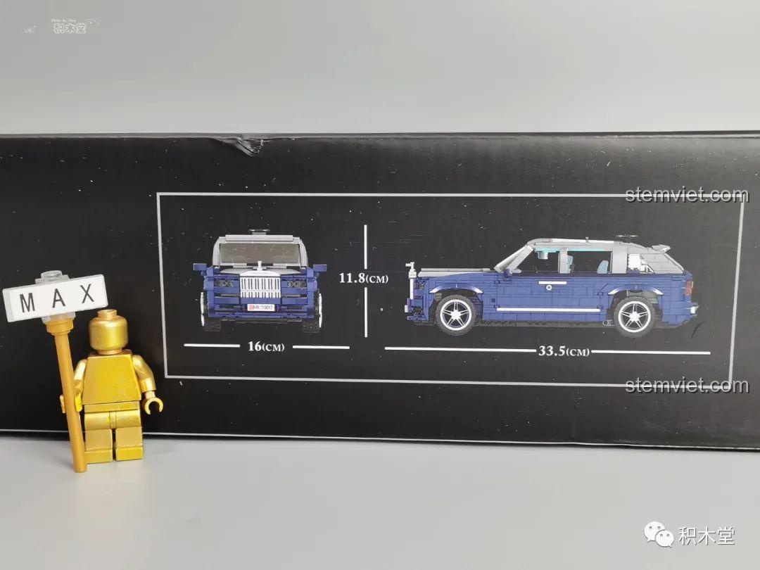 Kích thước mô hình Rolls-Royce Cullinan Mould King 10017 được in trên hộp: 33.5x16x11.8 cm.
