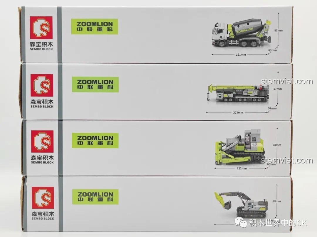 Kích thước mô hình xe công trình SEMBO x Zoomlion được in trên hộp, cho thấy chiều dài và chiều cao của từng chiếc xe sau khi hoàn thành.