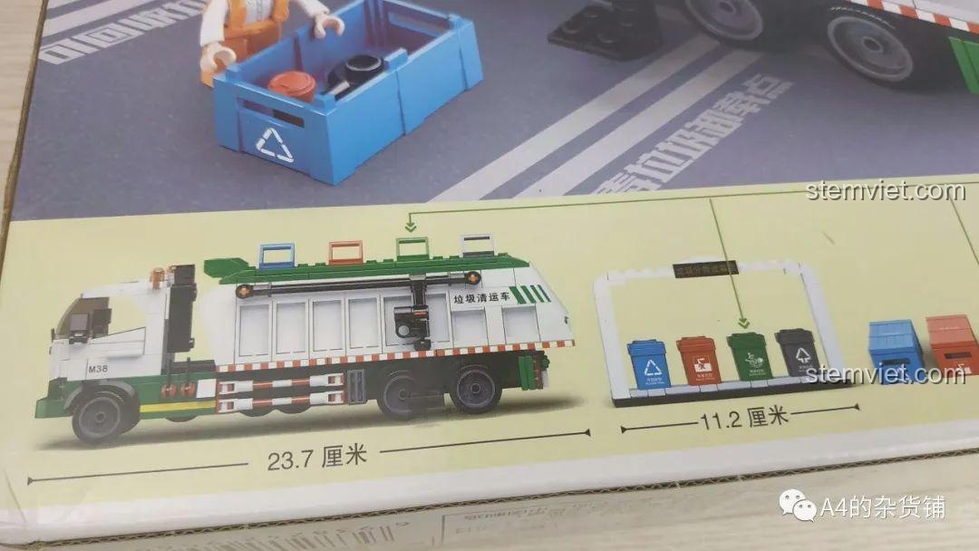 Thông tin kích thước chi tiết của mô hình Xe Tải Rác Sluban B0780 được in rõ trên vỏ hộp.