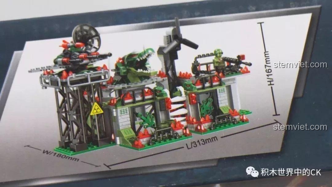 Thông số kích thước của mô hình Thành trì của lính cá sấu sau khi lắp ráp hoàn chỉnh được in trên hộp.