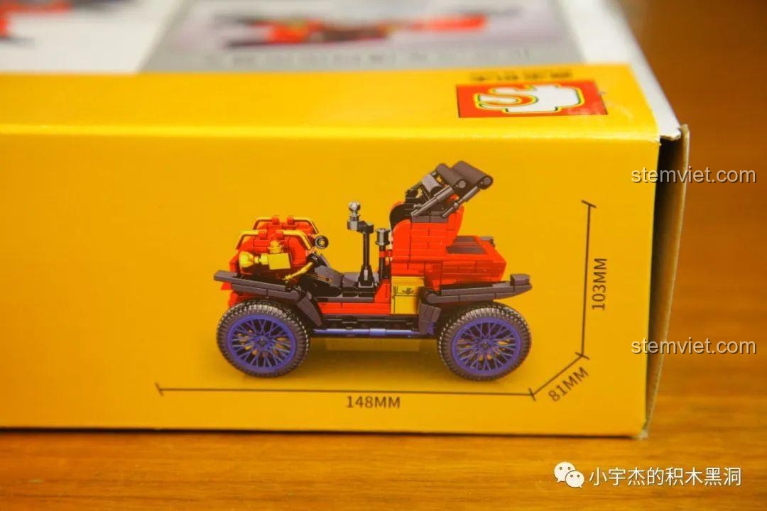 Kích thước sau khi lắp ráp của mô hình xe Duryea Model L SEMBO 705400 được ghi rõ trên hộp.