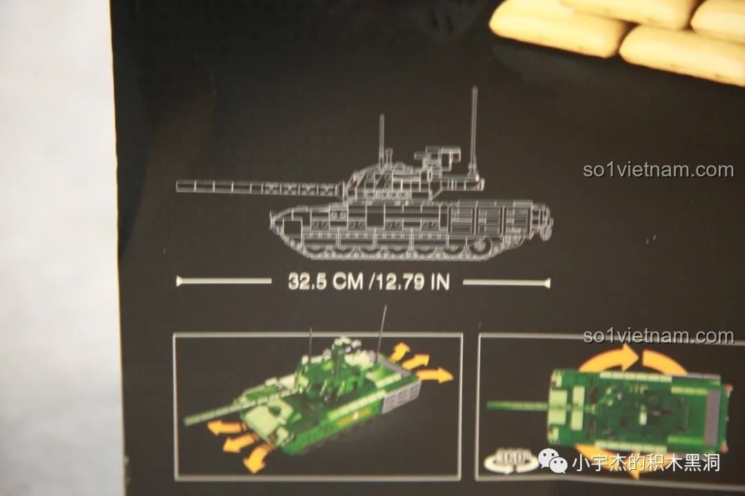 Chi tiết kích thước 32.5cm của mô hình xe tăng T-14 Armata Sluban B0850 sau khi lắp ráp hoàn chỉnh.