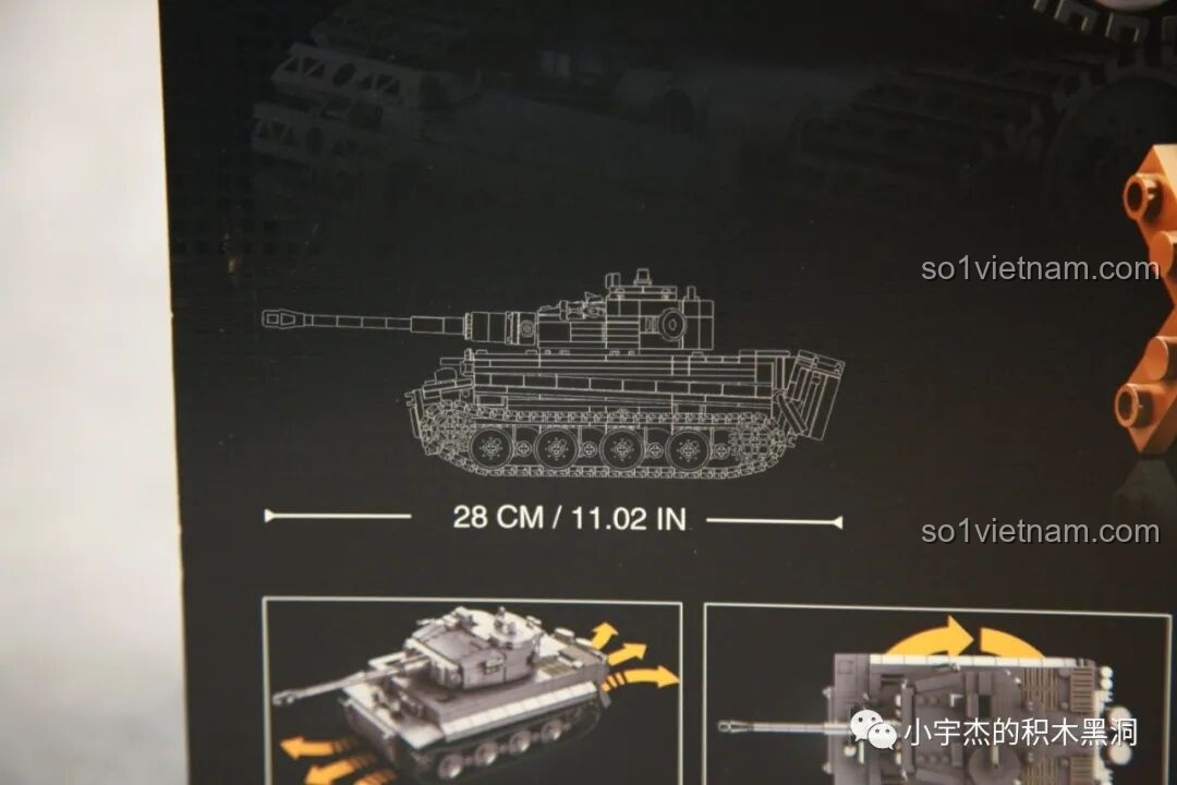 Kích thước chiều dài 28cm của mô hình xe tăng Tiger I Sluban M38-B0851, tương đương tỉ lệ 1:35.