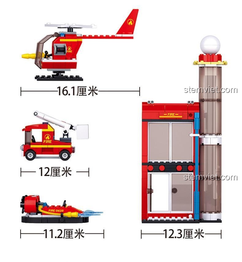 Kích thước các bộ phận của bộ đồ chơi Sluban M38-B0628 Trung tâm Huấn luyện Cứu hỏa