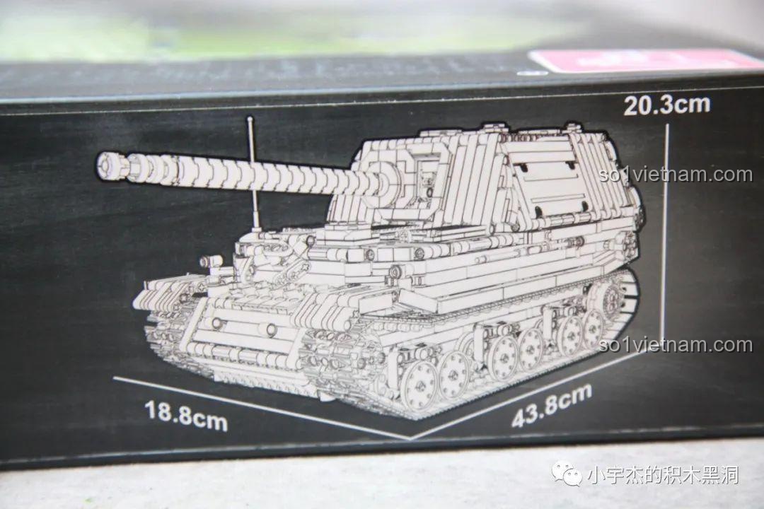 Kích thước chi tiết của mô hình Xe Tăng Diệt Ferdinand Taigao Le T4012: 43.8 x 18.8 x 20.3 cm, cho thấy sự hoành tráng.