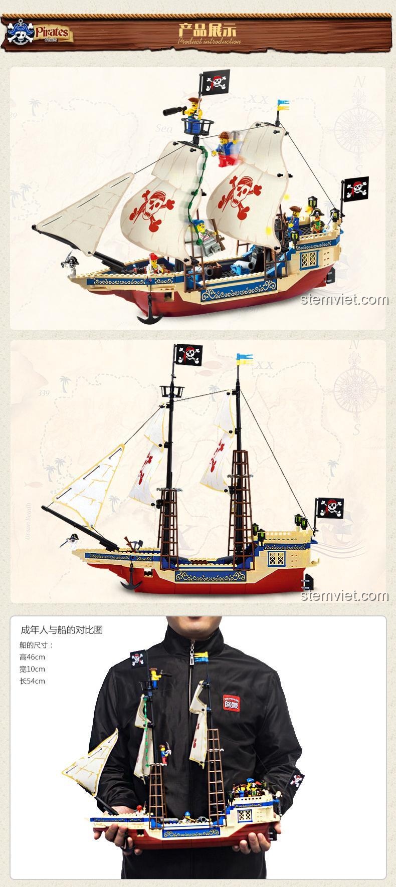 Ảnh thể hiện kích thước thực tế của Tàu Hải Tặc Enlighten 311 khi so sánh với người lớn, mô hình lớn ấn tượng cho bé trai 6 tuổi.