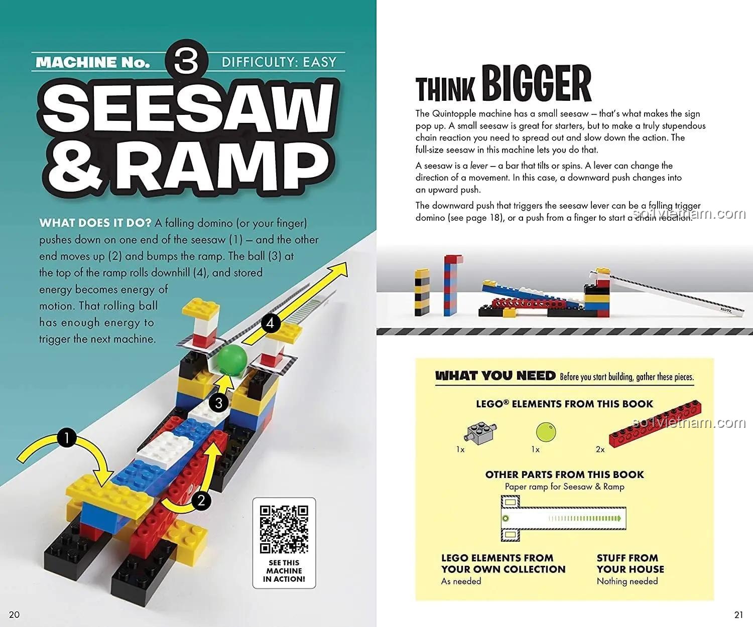 Trang hướng dẫn lắp ráp 'Seesaw & Ramp' từ sách Klutz ISBN9780545703307, đồ chơi giáo dục STEM, rèn luyện tư duy logic cho trẻ 8 tuổi, đáng tiền.