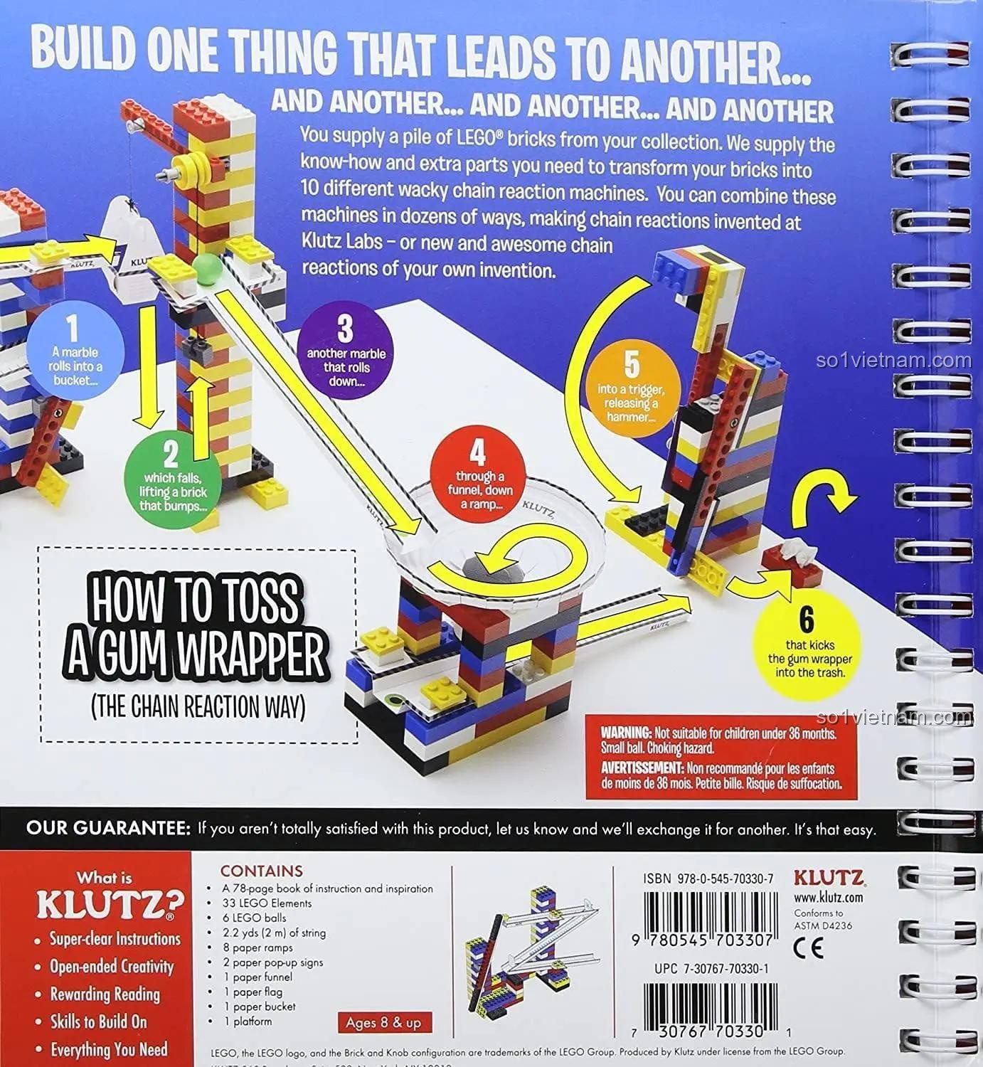 Mặt sau sách Klutz ISBN9780545703307, giới thiệu các mẫu lắp được và nội dung, bộ đồ chơi STEM phát triển kỹ năng cho trẻ 8 tuổi, giá hời.
