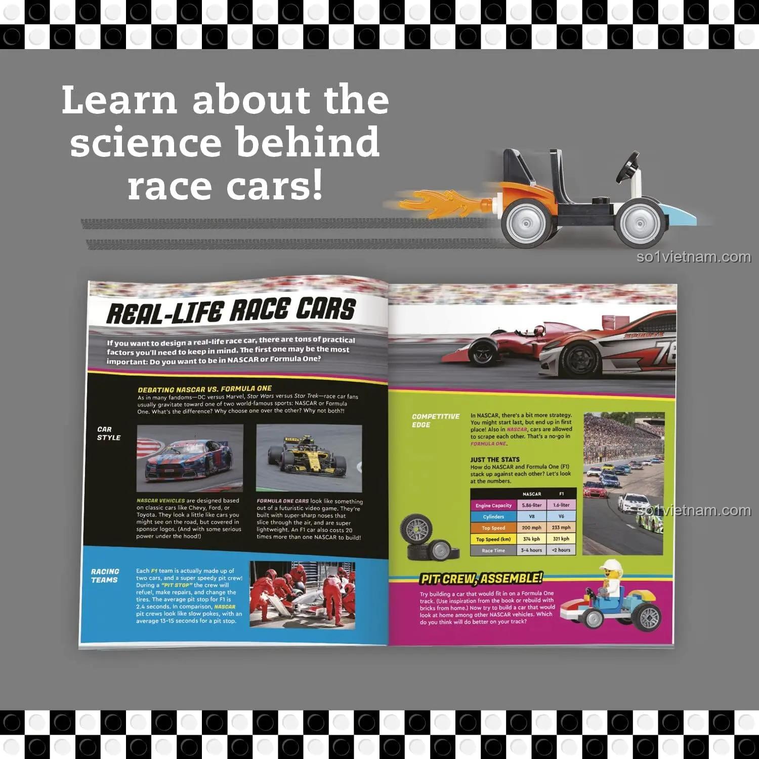 Trang sách giới thiệu về khoa học tốc độ, giúp bé trai 7 tuổi khám phá kiến thức STEM với Mô Hình Xe Đua Lắp Ghép 802066.