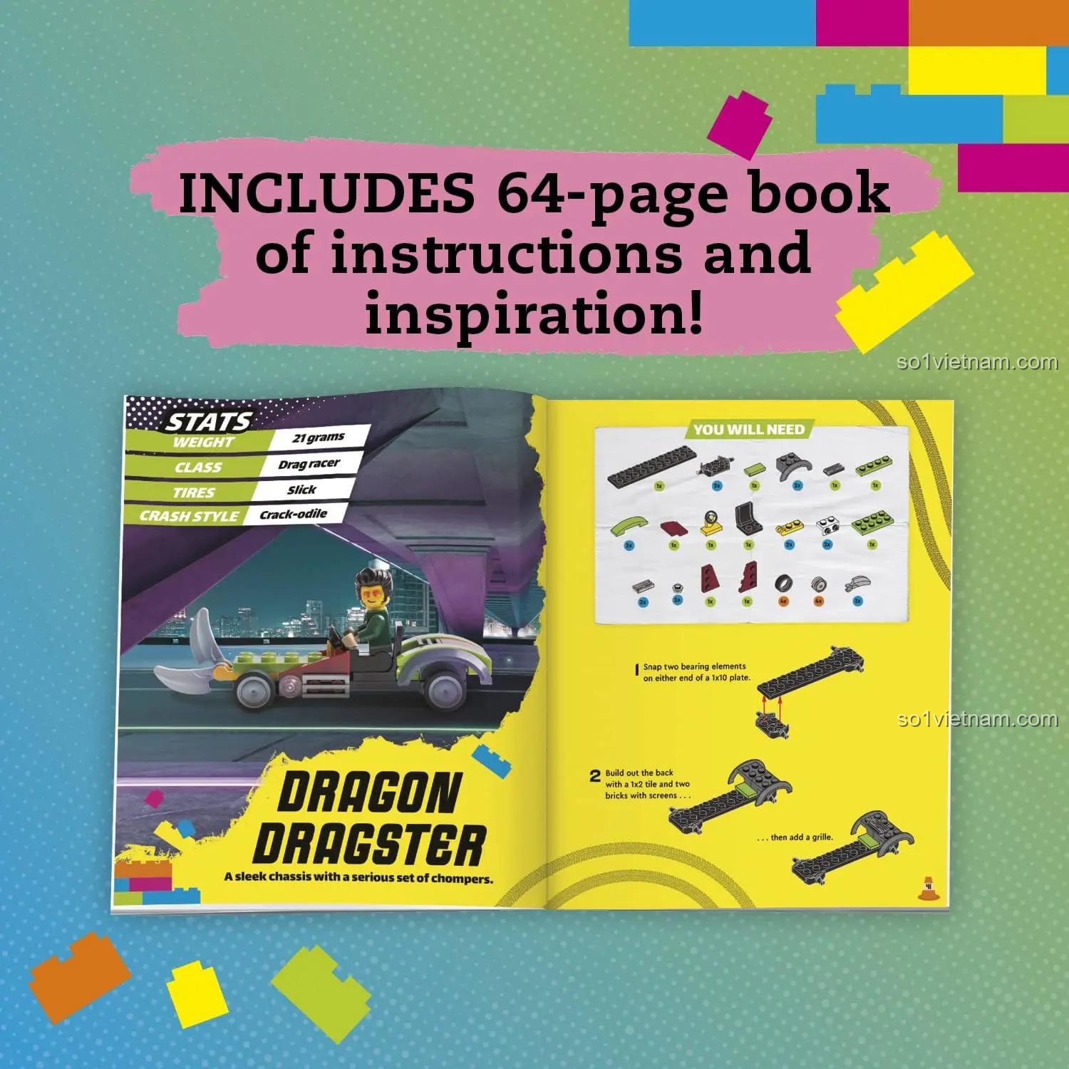 Sách hướng dẫn 64 trang của Bộ Xe Đua STEM 730767802066, cung cấp các bước lắp ráp chi tiết và nguồn cảm hứng cho bé trai 7 tuổi.