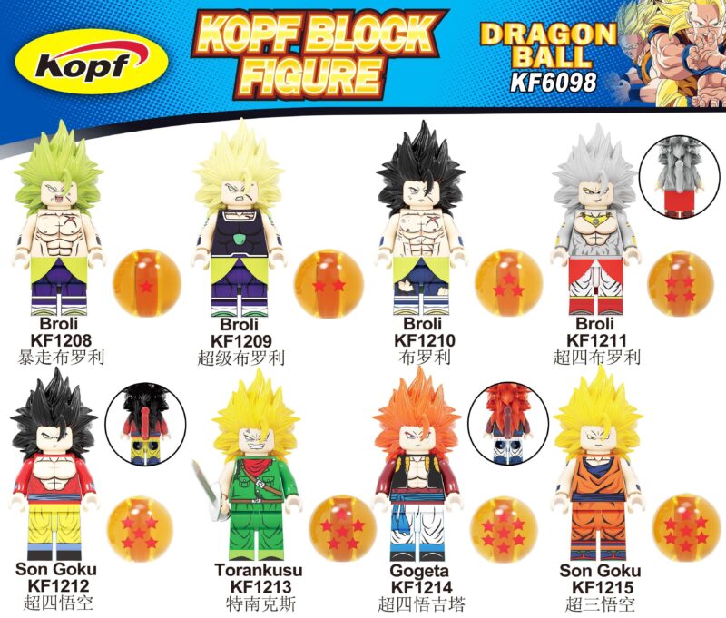 Bộ 8 Minifigure Dragon Ball Kopf KF1215 chất lượng cao, đồ chơi lắp ráp Minifigure Songoku giá tốt cho bé trai 6 tuổi, bộ đồ chơi Minifigure Dragon Ball siêu tiết kiệm.