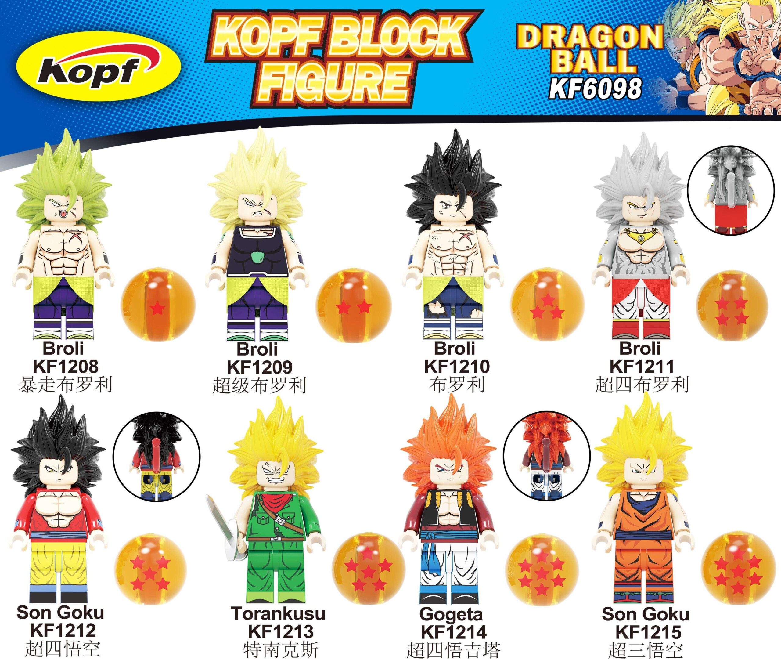 Bộ 8 Minifigure Dragon Ball Kopf KF1215 chất lượng cao, đồ chơi lắp ráp Minifigure Songoku giá tốt cho bé trai 6 tuổi, bộ đồ chơi Minifigure Dragon Ball siêu tiết kiệm.