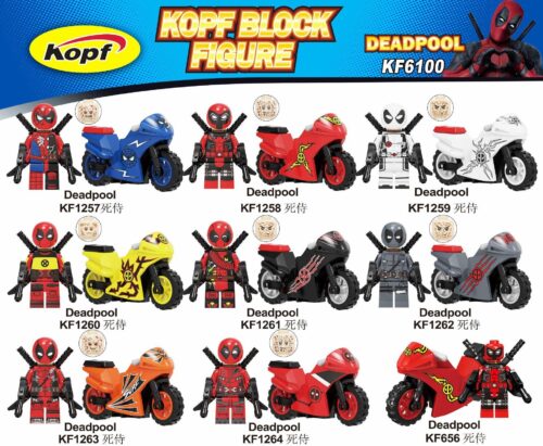 Bộ đồ chơi lắp ghép Deadpool Kopf KF1262 và các minifigure Deadpool khác cùng xe mô tô, phù hợp cho bé trai 6 tuổi, giá tốt.
