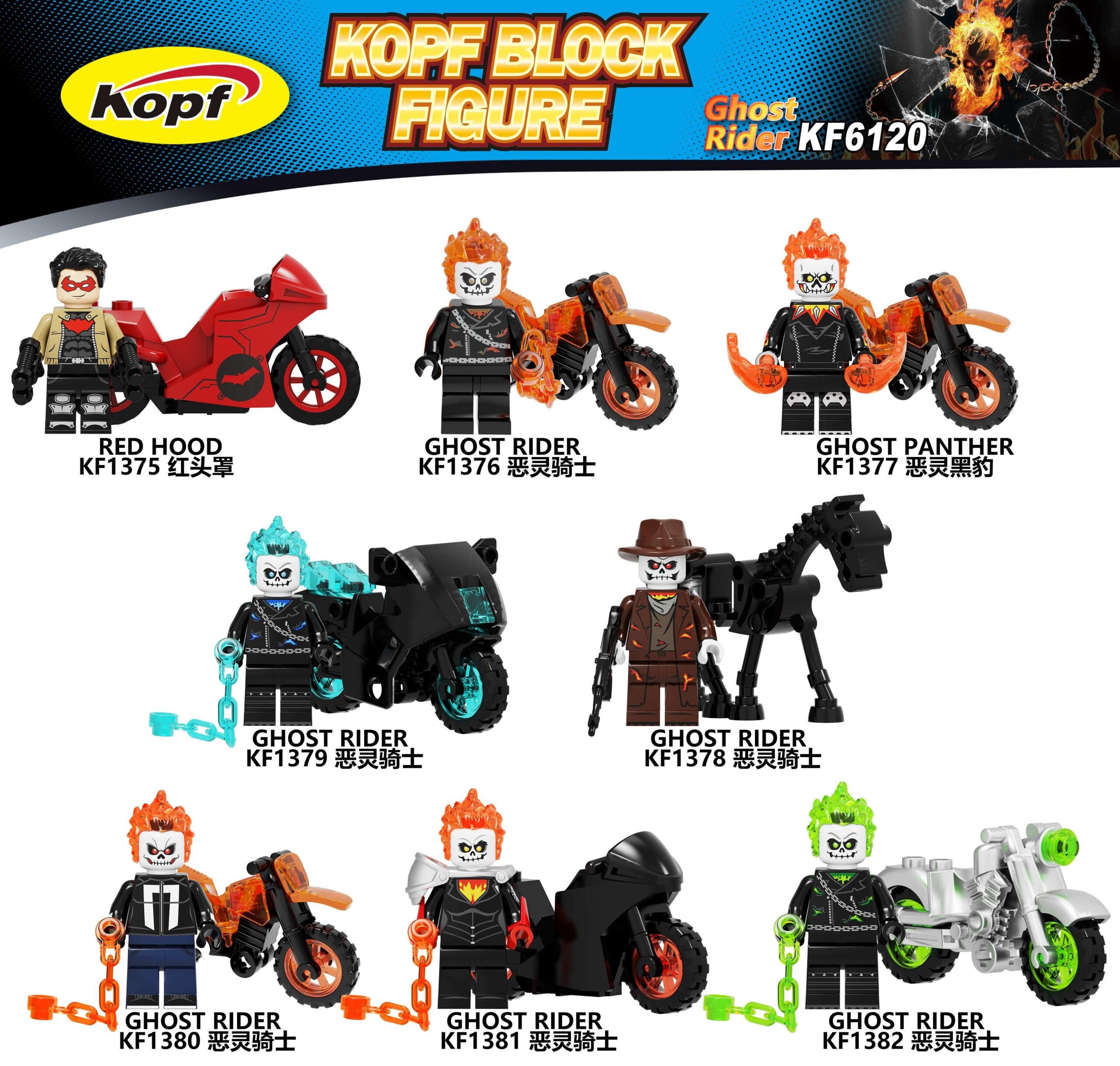 Đồ chơi mô hình Minifigure Ghost Rider Lửa Xanh và Mô tô Bạc Kopf KF1382, phù hợp cho bé trai 6 tuổi, chất lượng cao cấp, giá tốt.