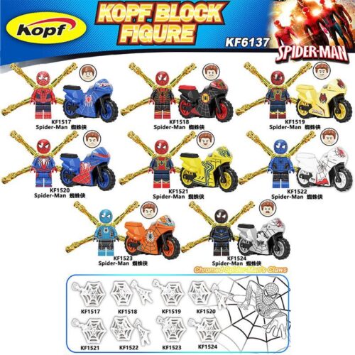 Bộ 8 Minifigure Người Nhện và Xe Mô Tô Kopf KF1518 giá tốt, đồ chơi lắp ráp Người Nhện cho bé trai 6 tuổi, mô hình Người Nhện chất lượng cao
