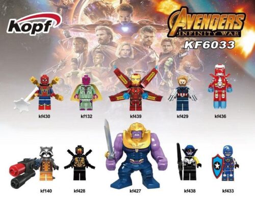 Bộ đồ chơi lắp ghép Kopf KF430 Minifigure Biệt Đội Siêu Anh Hùng Cuộc Chiến Vô Cực với Người Nhện Iron Spider, Iron Man, Captain America, Vision, Rocket Raccoon, Thanos và các nhân vật khác, phù hợp cho bé trai 6 tuổi, chất lượng tốt.
