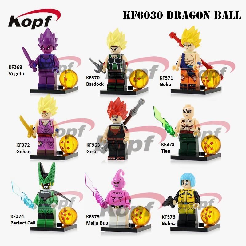Cận cảnh minifigures Vegeta, Bardock, Gohan và Goku (KF963) từ bộ lắp ghép Dragon Ball Kopf KF6030. Chi tiết sắc nét, khớp nối linh hoạt, phù hợp cho bé trai 6 tuổi.