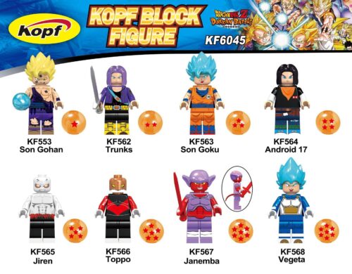 Bộ đồ chơi Minifigure Dragon Ball Z Kopf KF6045 với 8 nhân vật Songoku, Vegeta, Trunks, Android 17, Jiren, Toppo, Janemba, Son Gohan, phù hợp cho bé trai 8 tuổi, giá tốt.