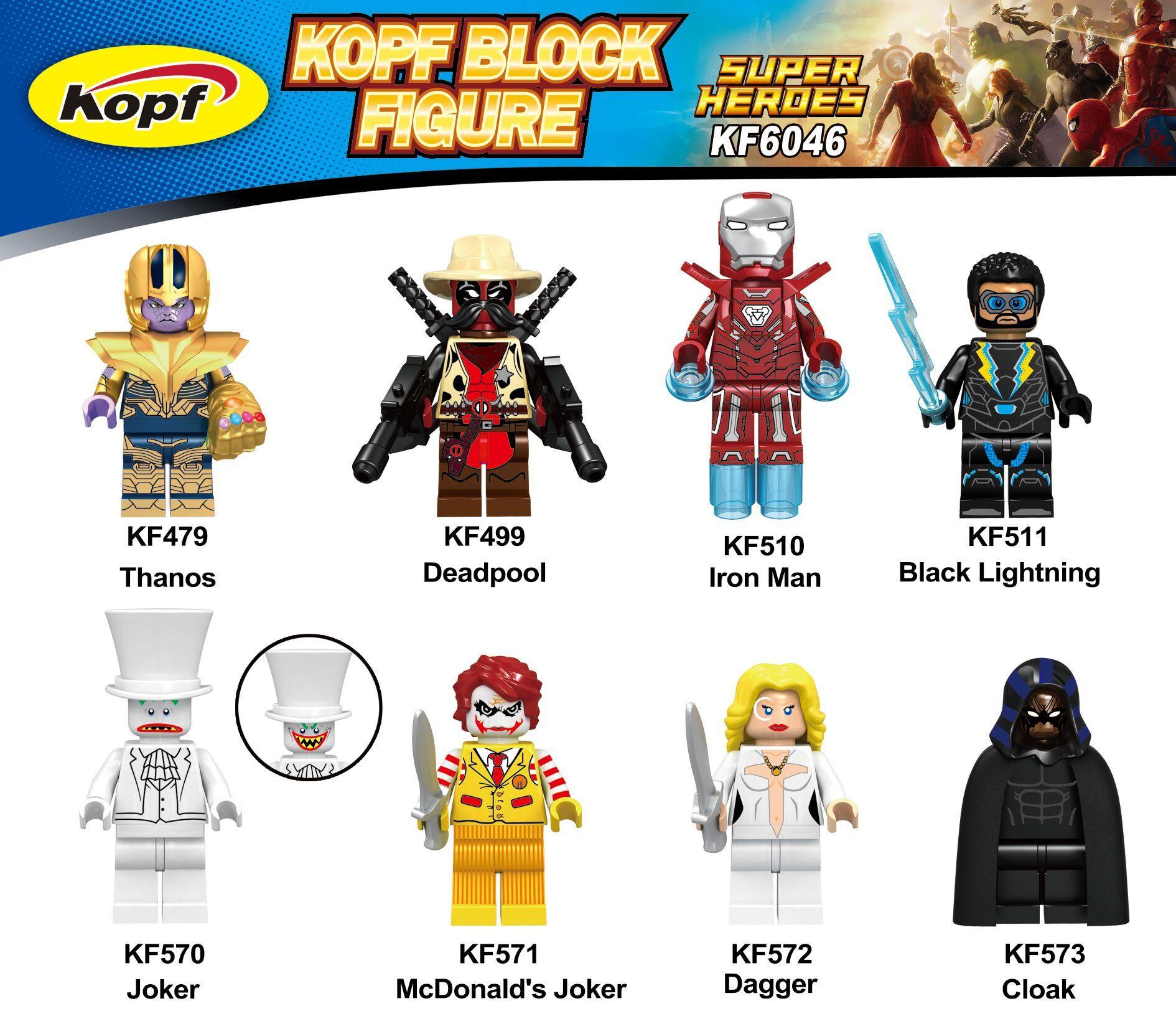 Cận cảnh minifigures Thanos và Deadpool, bộ đồ chơi Kopf KF6046, đồ chơi mô hình Marvel.