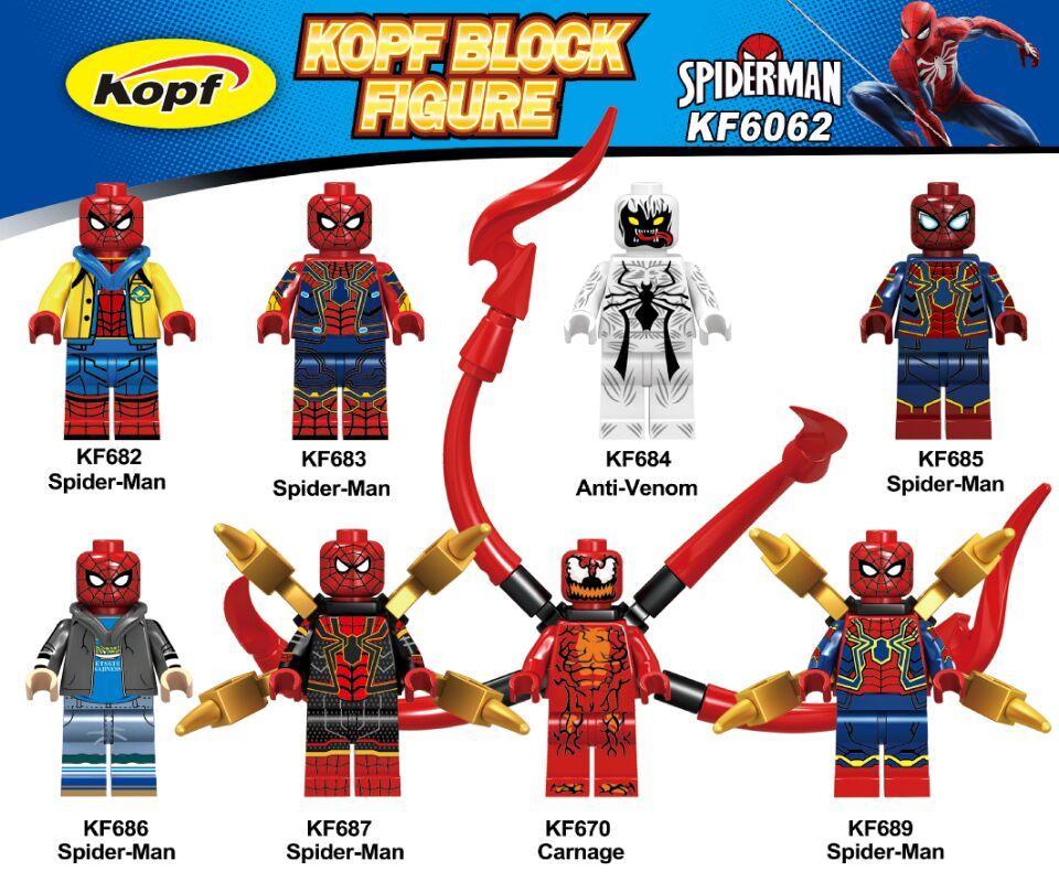 Bộ đồ chơi Người Nhện Kopf KF6062 gồm 8 minifigure siêu anh hùng Marvel và phản diện Anti-Venom, Carnage, phù hợp bé trai 6 tuổi, giá tốt.