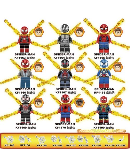 Bộ đồ chơi Người Nhện Kopf KF6090 với 9 minifigure siêu anh hùng Spider-Man, phụ kiện móng vuốt vàng độc đáo, phù hợp cho bé trai 6 tuổi, giá tốt.