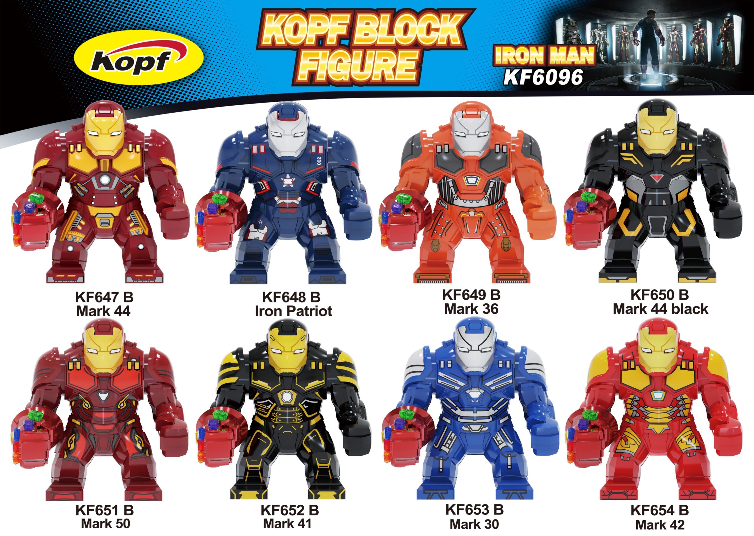 Bộ đồ chơi Bigfig Người Sắt Kopf KF6096 gồm 8 mô hình giáp Iron Man khác nhau như Hulkbuster, Iron Patriot, đồ chơi sáng tạo cho bé trai 6 tuổi.